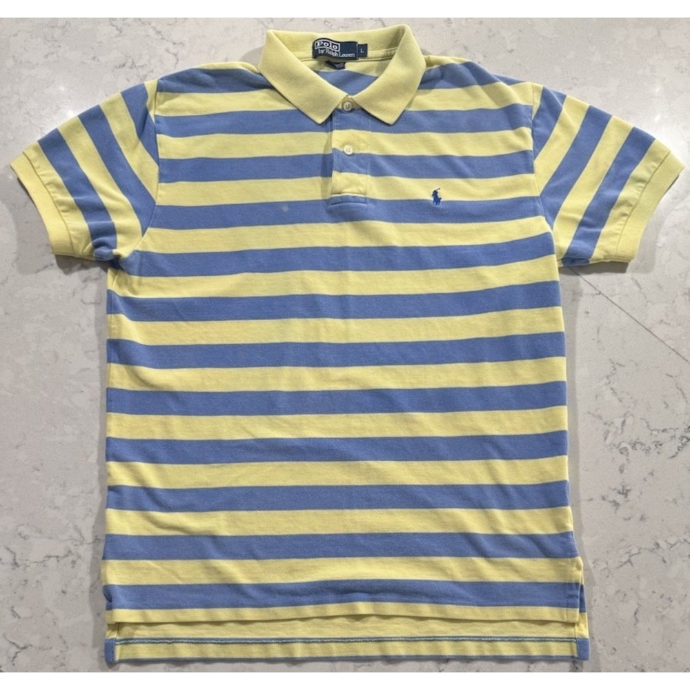 VTG 90s Polo Ralph Lauren Shirt Mens Large Yellow Blue Striped 100% Cotton